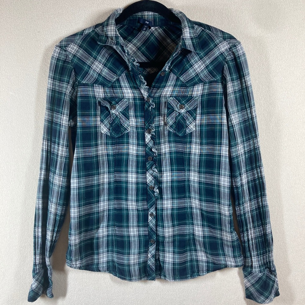 Vtg Gap Plaid Button Up Top Women's M Tall Green/Blue Ruffle Detail Western FLAW